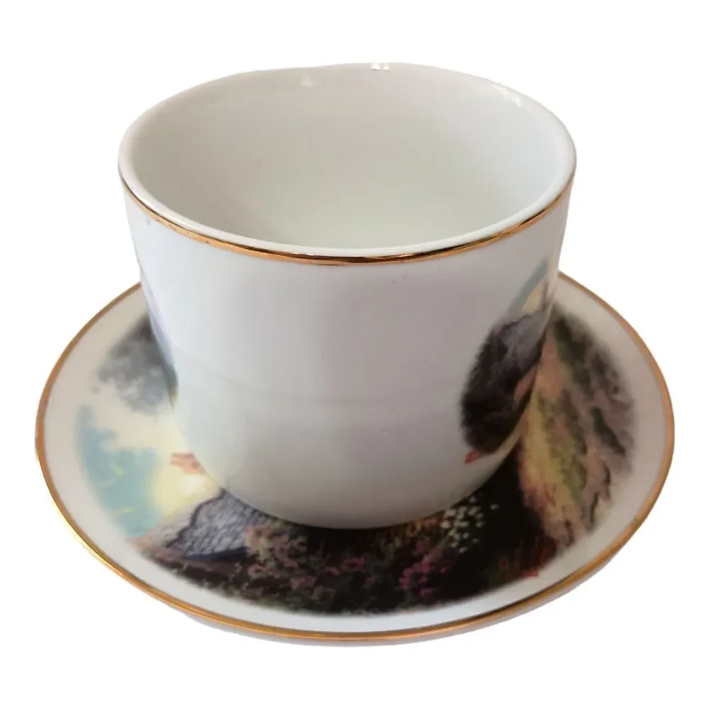 Thomas Kinkade Moonlight Cottage Tea Cup Saucer‎ Vase Teleflora Gold Trim Set